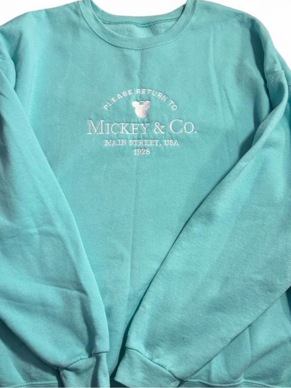 Disney Aqua Crewneck Sweatshirt with Embroidered Mickey & Co. Logo